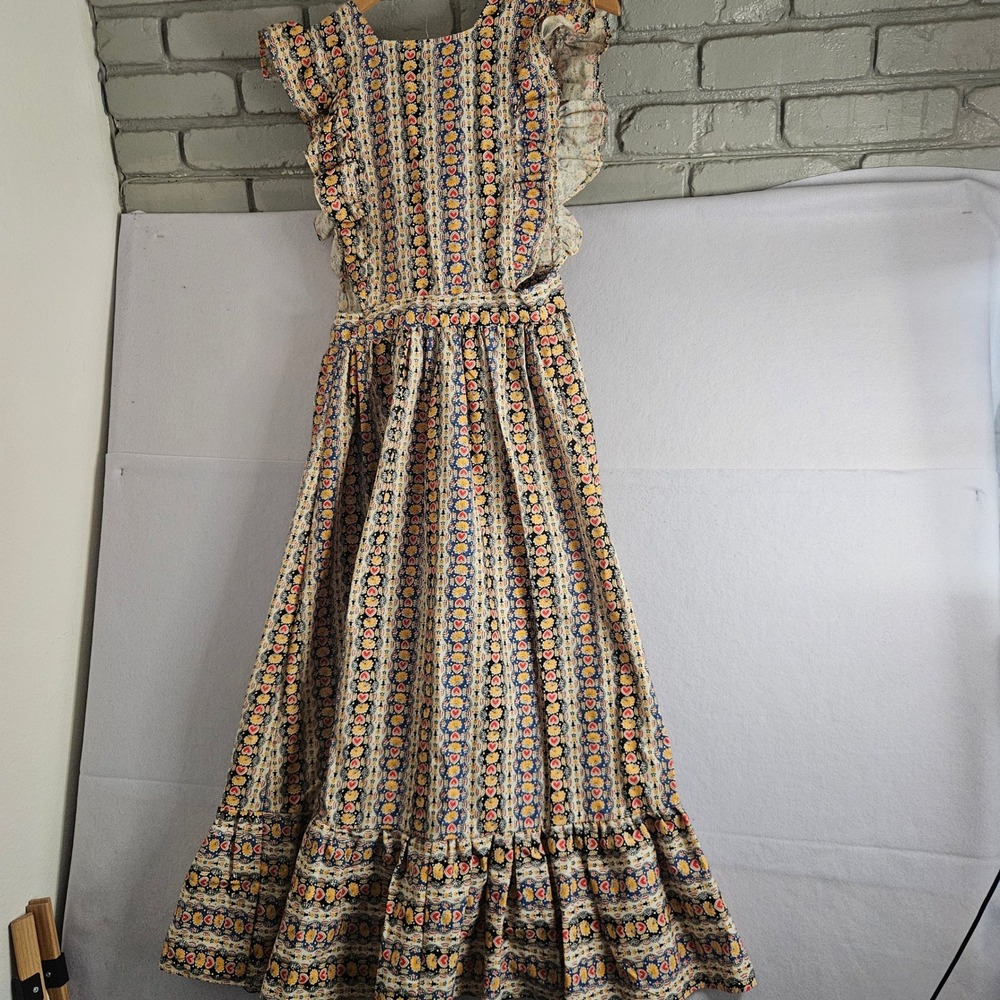 Vintage Handmade Heart Floral Ruffle Pinafore Maxi Dress Cottagecore Folk Art